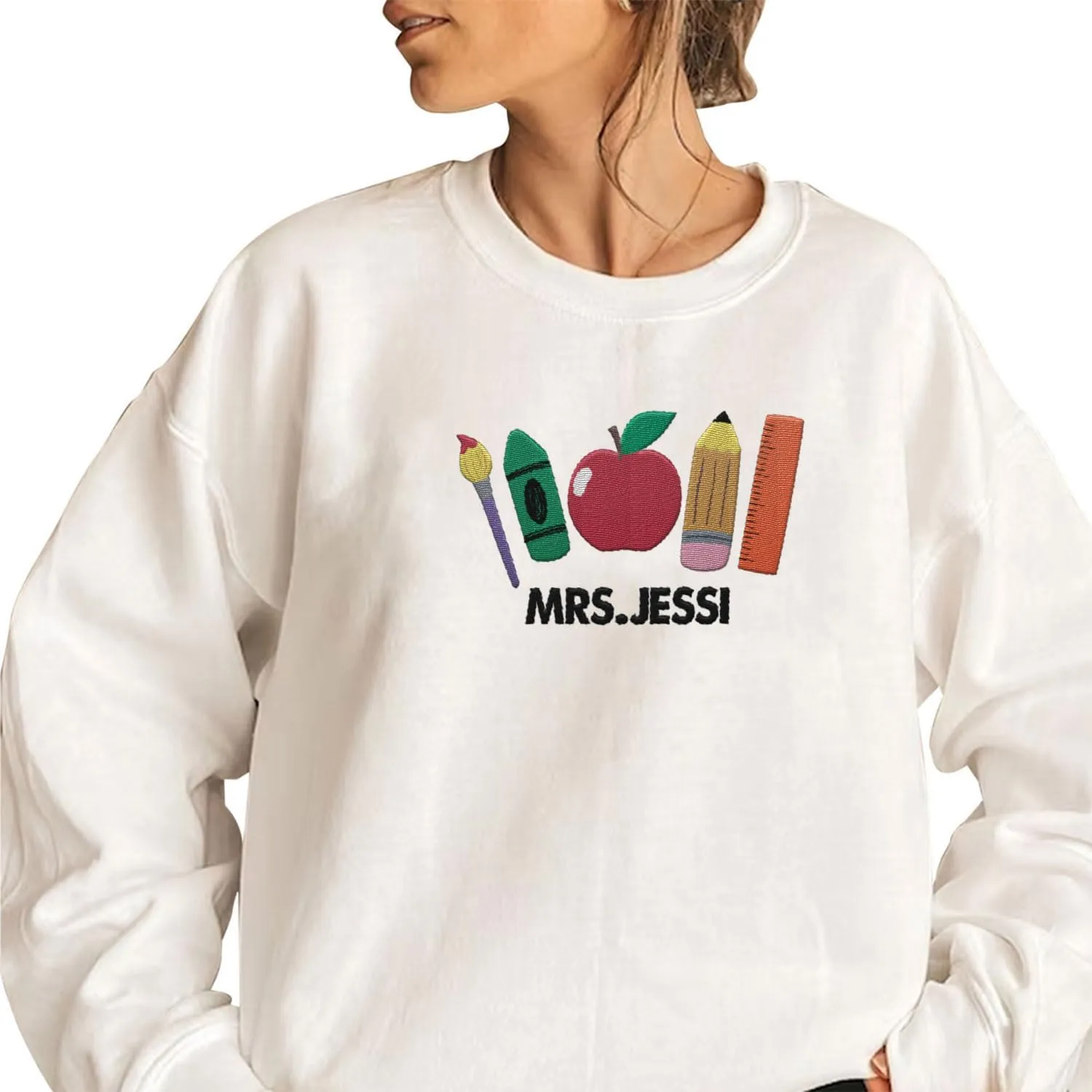 Custom Teacher Back to School Embroidered SweatShirt Gifts Preschool to Elementary ABCD Rainbow Pencil T-Shirts for Women Men