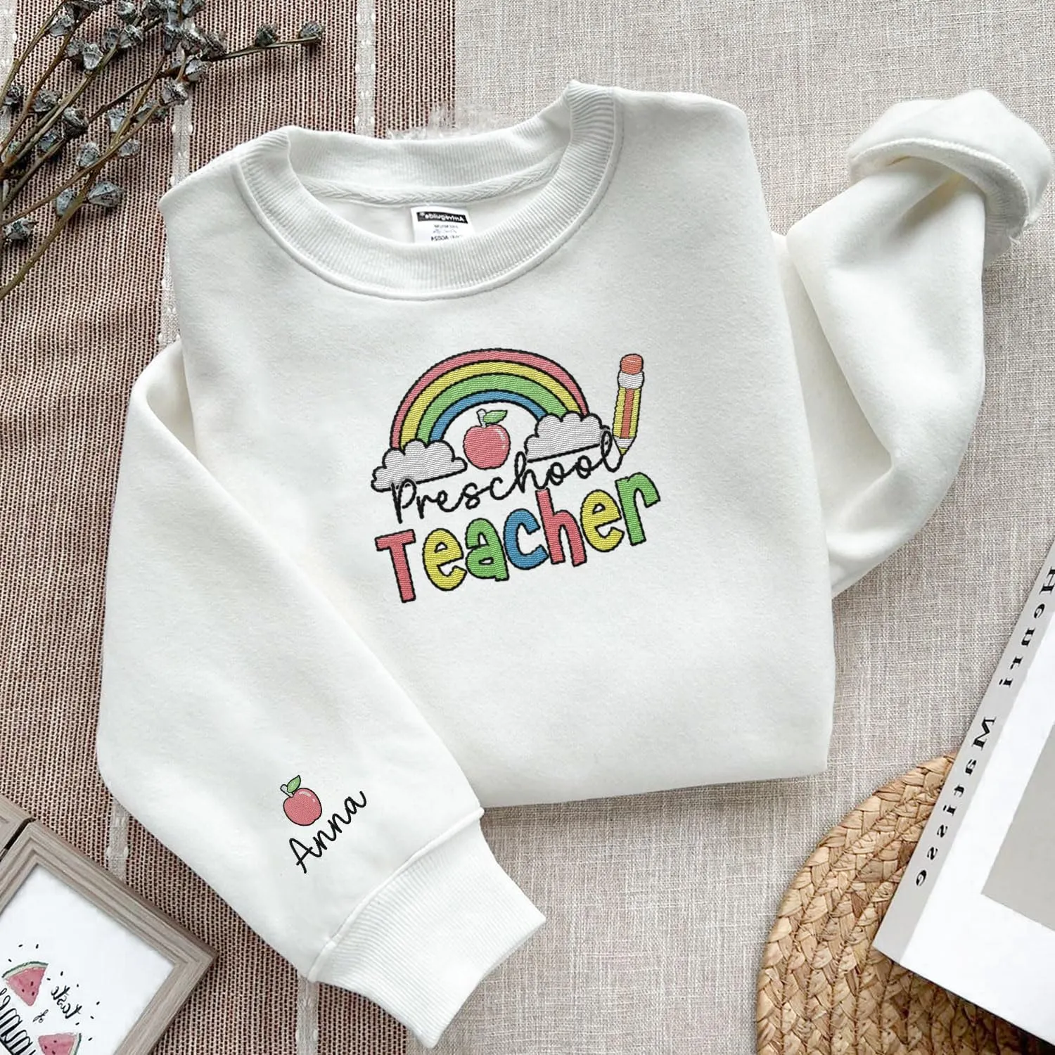 Custom Teacher Back to School Embroidered SweatShirt Gifts Preschool to Elementary ABCD Rainbow Pencil T-Shirts for Women Men
