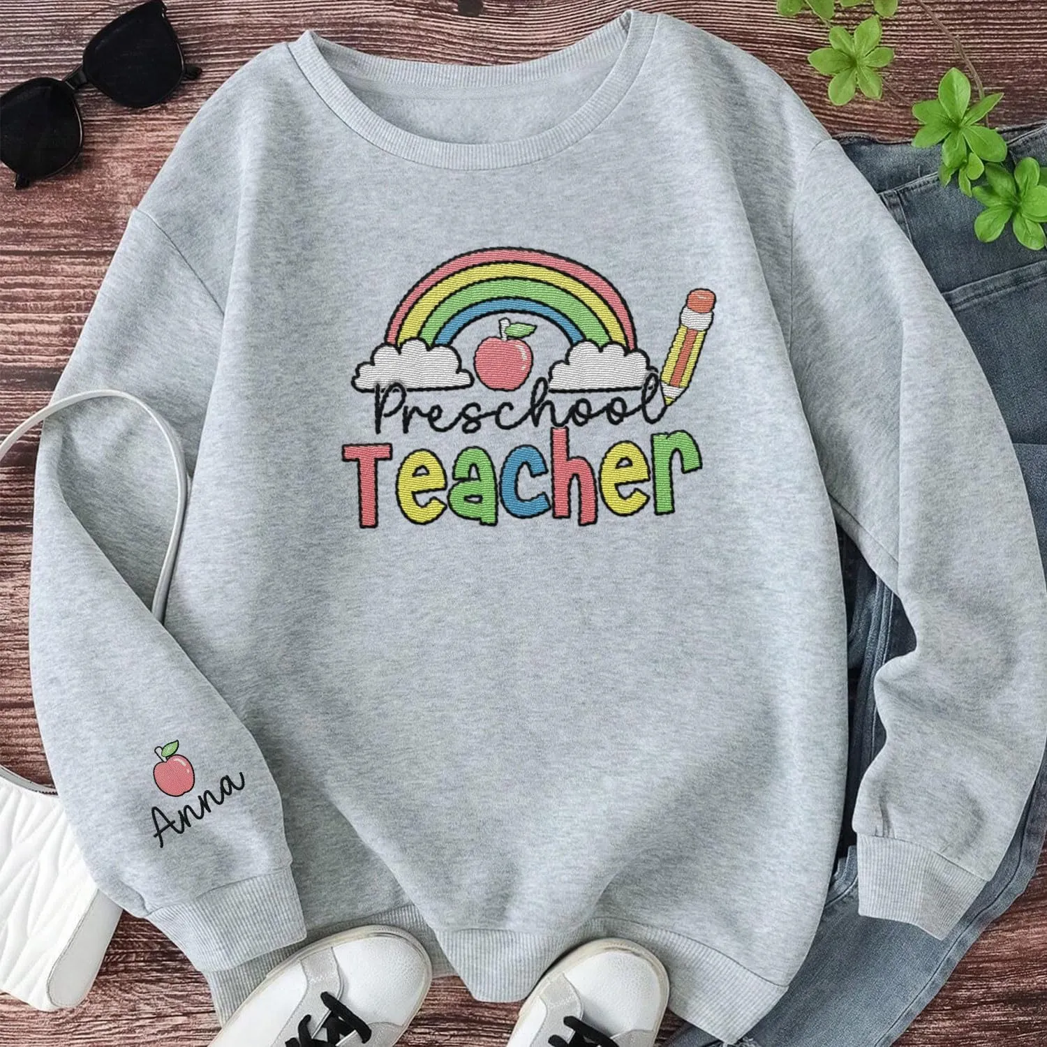 Custom Teacher Back to School Embroidered SweatShirt Gifts Preschool to Elementary ABCD Rainbow Pencil T-Shirts for Women Men