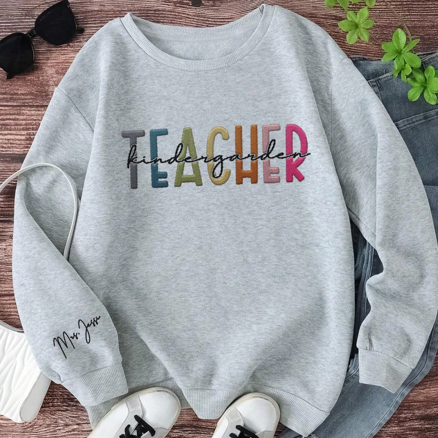 Custom Teacher Back to School Embroidered SweatShirt Gifts Preschool to Elementary ABCD Rainbow Pencil T-Shirts for Women Men