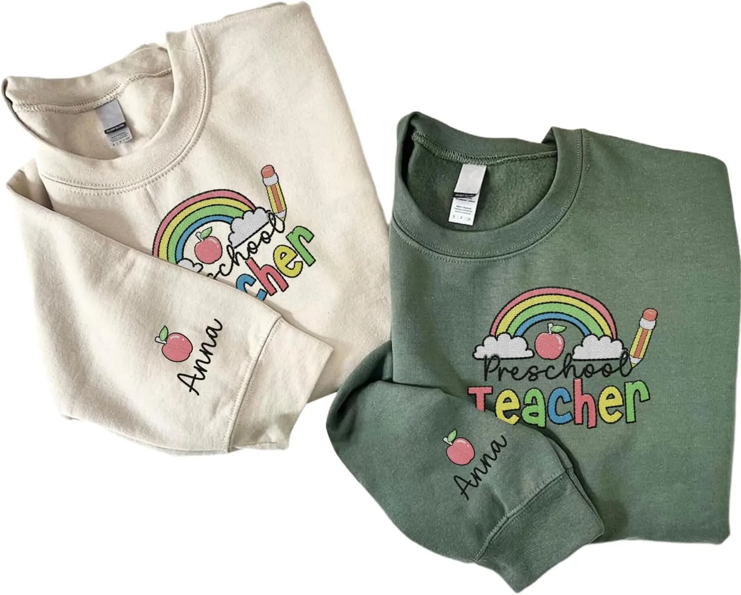 Custom Teacher Back to School Embroidered SweatShirt Gifts Preschool to Elementary ABCD Rainbow Pencil T-Shirts for Women Men