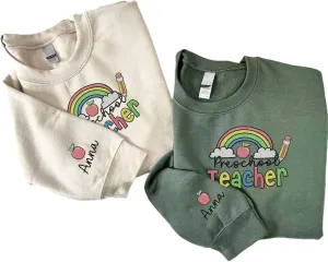 Custom Teacher Back to School Embroidered SweatShirt Gifts Preschool to Elementary ABCD Rainbow Pencil T-Shirts for Women Men