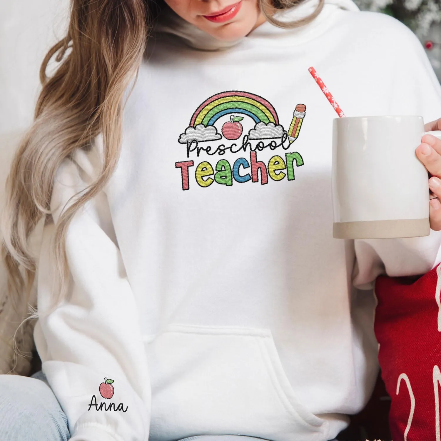 Custom Teacher Back to School Embroidered SweatShirt Gifts Preschool to Elementary ABCD Rainbow Pencil T-Shirts for Women Men