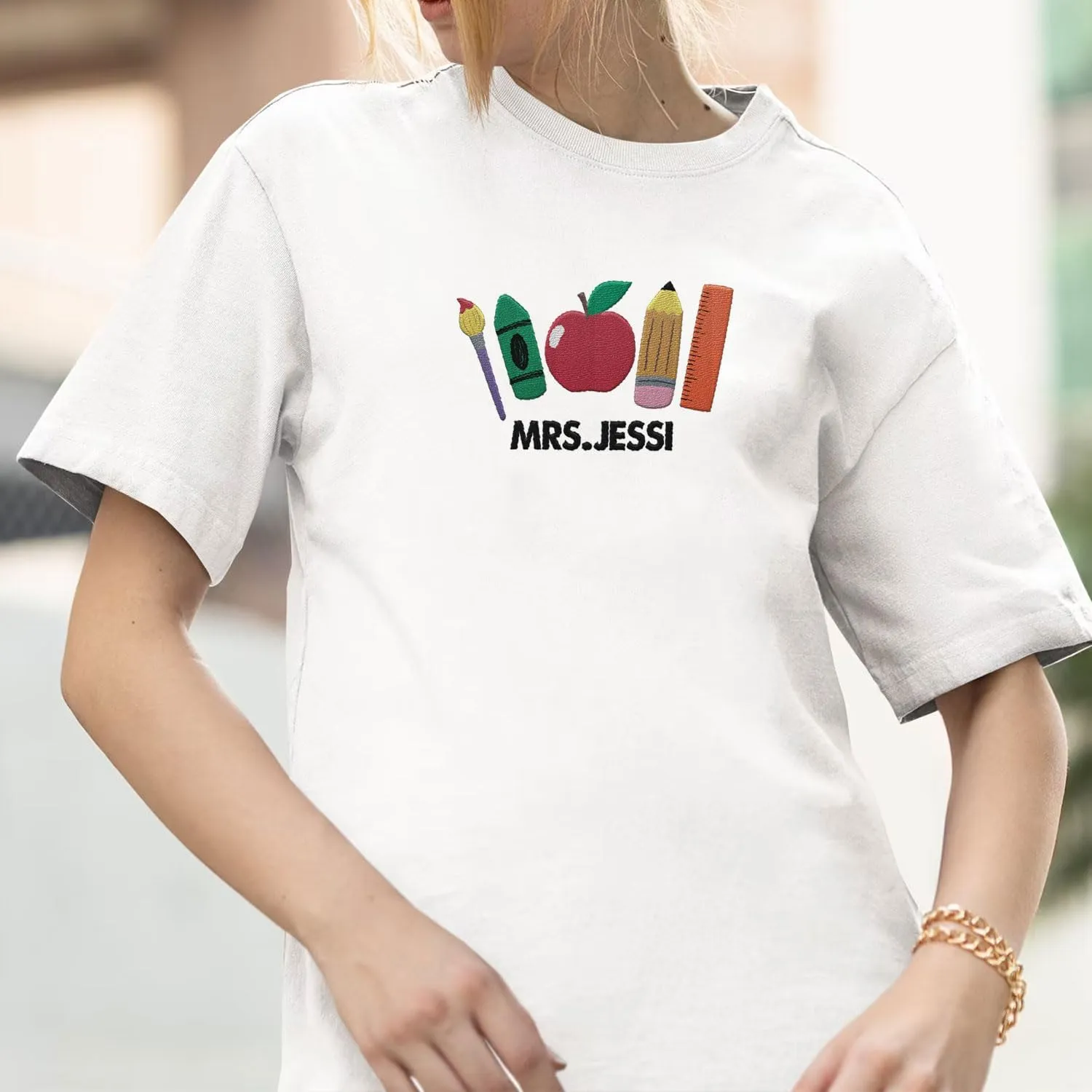Custom Teacher Back to School Embroidered SweatShirt Gifts Preschool to Elementary ABCD Rainbow Pencil T-Shirts for Women Men