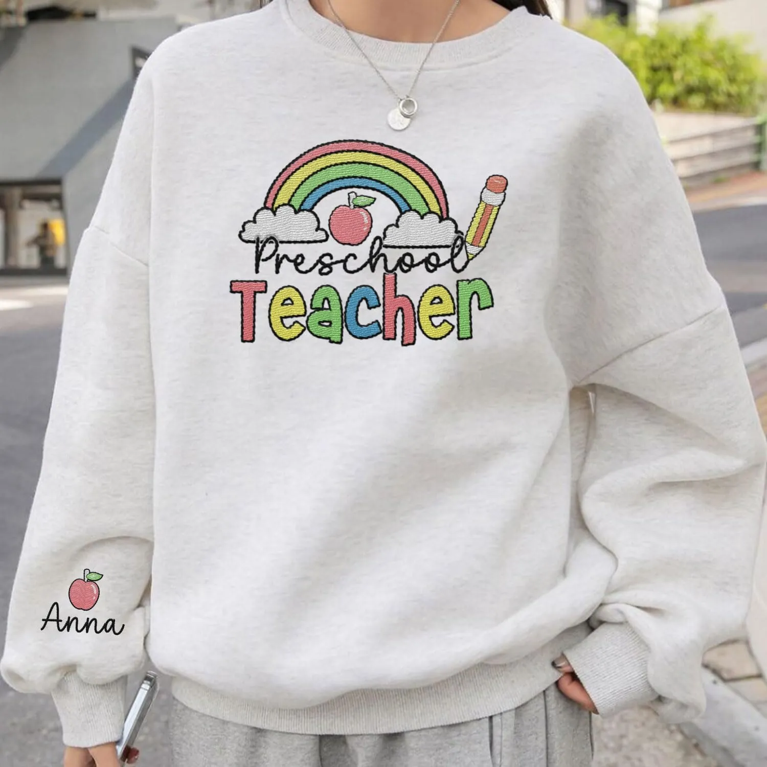 Custom Teacher Back to School Embroidered SweatShirt Gifts Preschool to Elementary ABCD Rainbow Pencil T-Shirts for Women Men