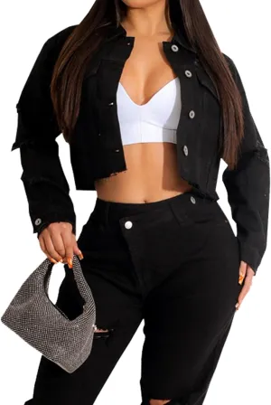 CutieLove Women's Cropped Denim Jackets Long Sleeve Destroyed Crop Top Casual Jean Coat