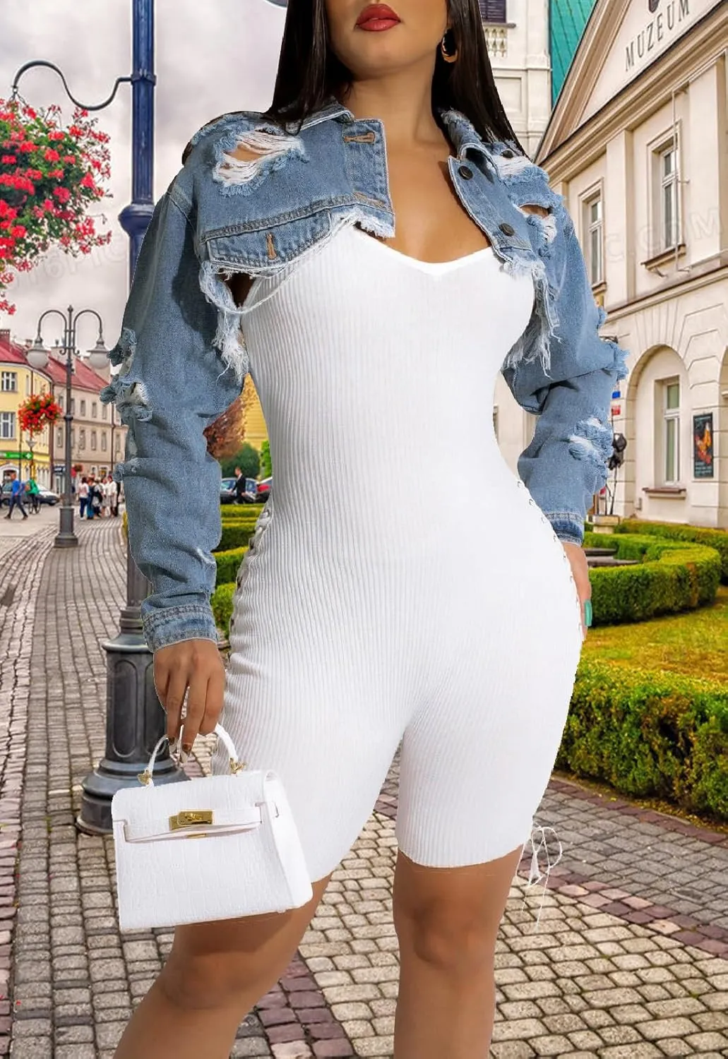 CutieLove Women's Cropped Denim Jackets Long Sleeve Destroyed Crop Top Casual Jean Coat