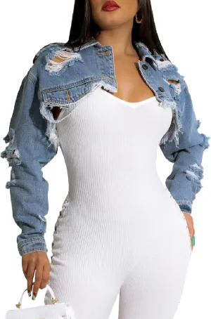 CutieLove Women's Cropped Denim Jackets Long Sleeve Destroyed Crop Top Casual Jean Coat