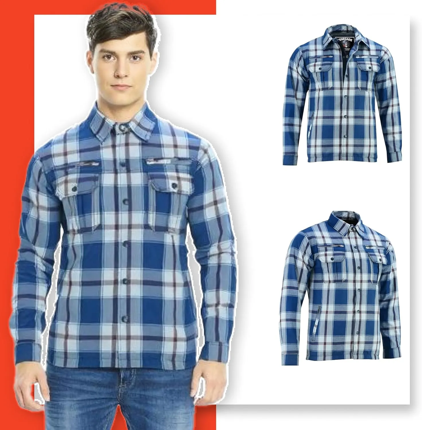 Daniel Smart Men's Motorcycle Shirt Plaid Biker Flannel Jacket Removable Sporty Armored, Zipper Closure & Water Resistant