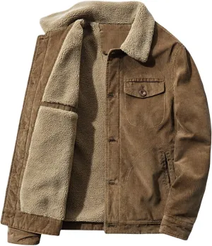 evzosrz Men's Vintage Corduroy Jackets Fleece Sherpa Lined Denim Trucker Jackets Lapel Button Thickened Warm Winter Coats