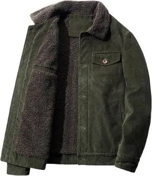 evzosrz Men's Vintage Corduroy Jackets Fleece Sherpa Lined Denim Trucker Jackets Lapel Button Thickened Warm Winter Coats