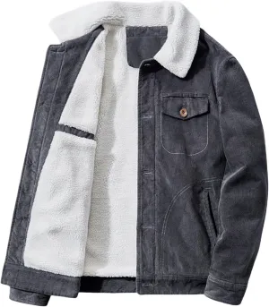 evzosrz Men's Vintage Corduroy Jackets Fleece Sherpa Lined Denim Trucker Jackets Lapel Button Thickened Warm Winter Coats