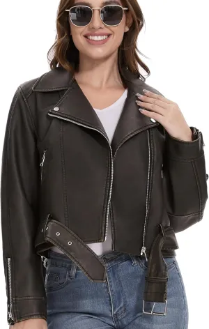 Fahsyee Faux Leather Jackets for Women, Black Motorcycle Moto Biker PU Outwear Coat