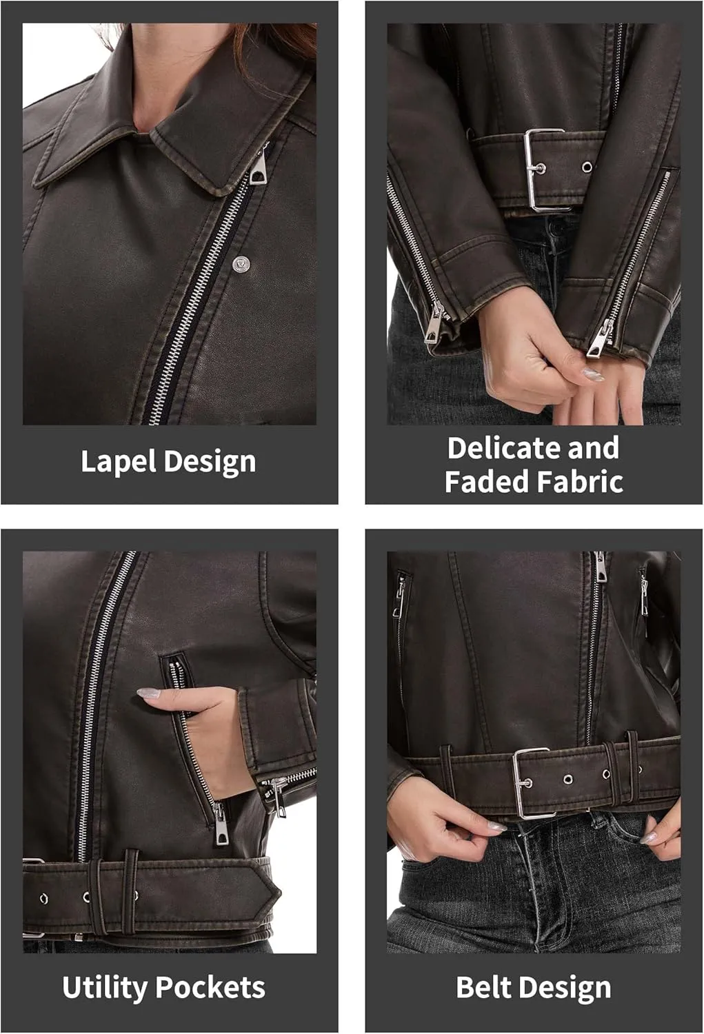 Fahsyee Faux Leather Jackets for Women, Black Motorcycle Moto Biker PU Outwear Coat