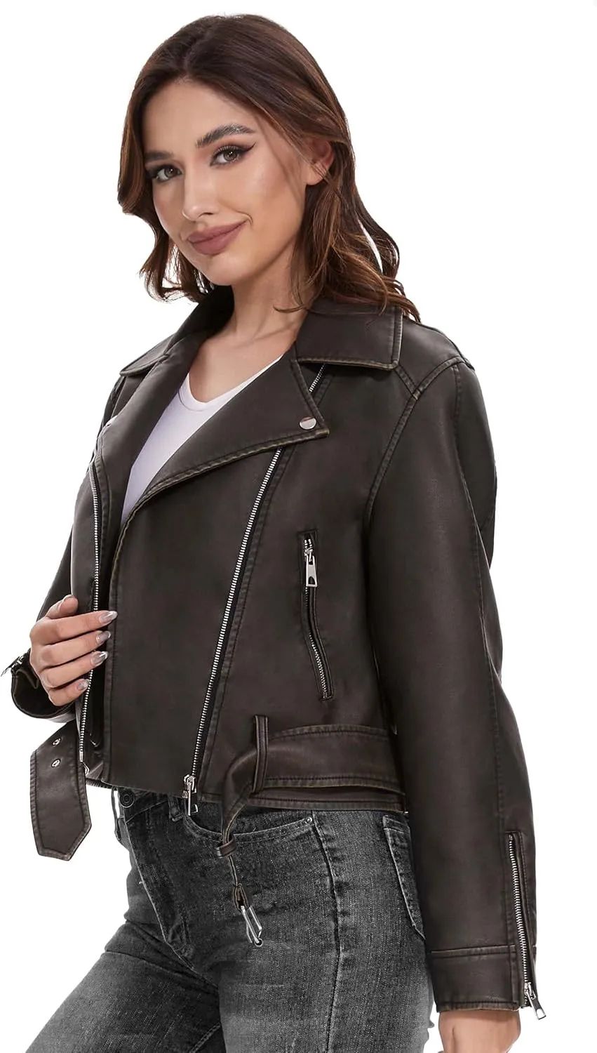 Fahsyee Faux Leather Jackets for Women, Black Motorcycle Moto Biker PU Outwear Coat