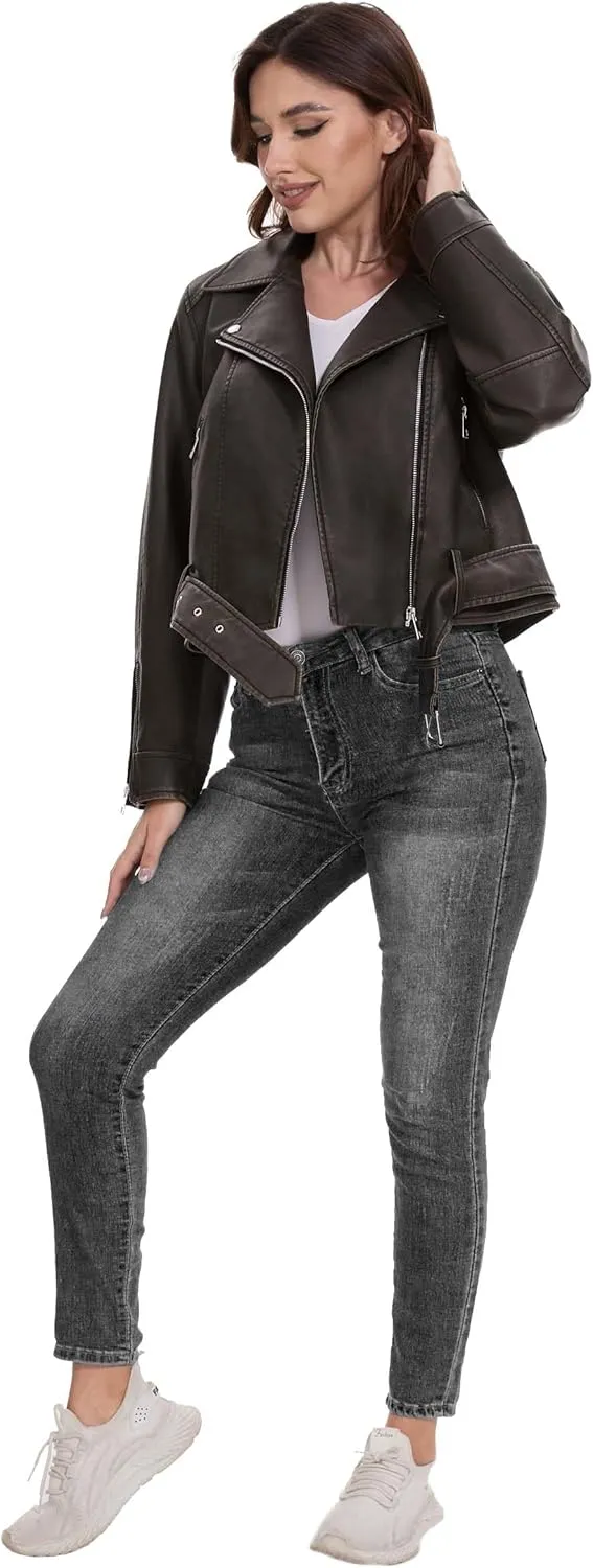 Fahsyee Faux Leather Jackets for Women, Black Motorcycle Moto Biker PU Outwear Coat