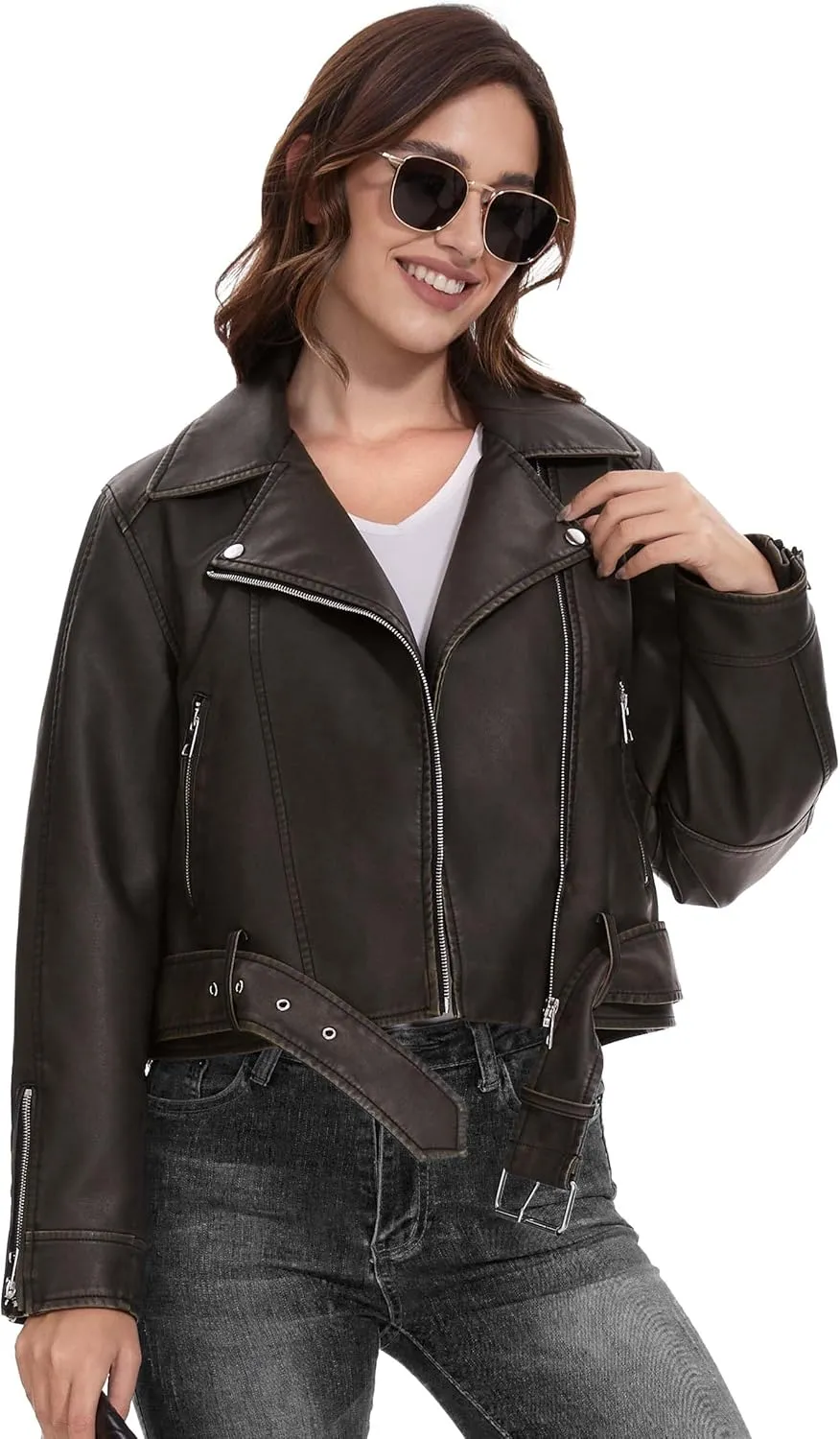 Fahsyee Faux Leather Jackets for Women, Black Motorcycle Moto Biker PU Outwear Coat
