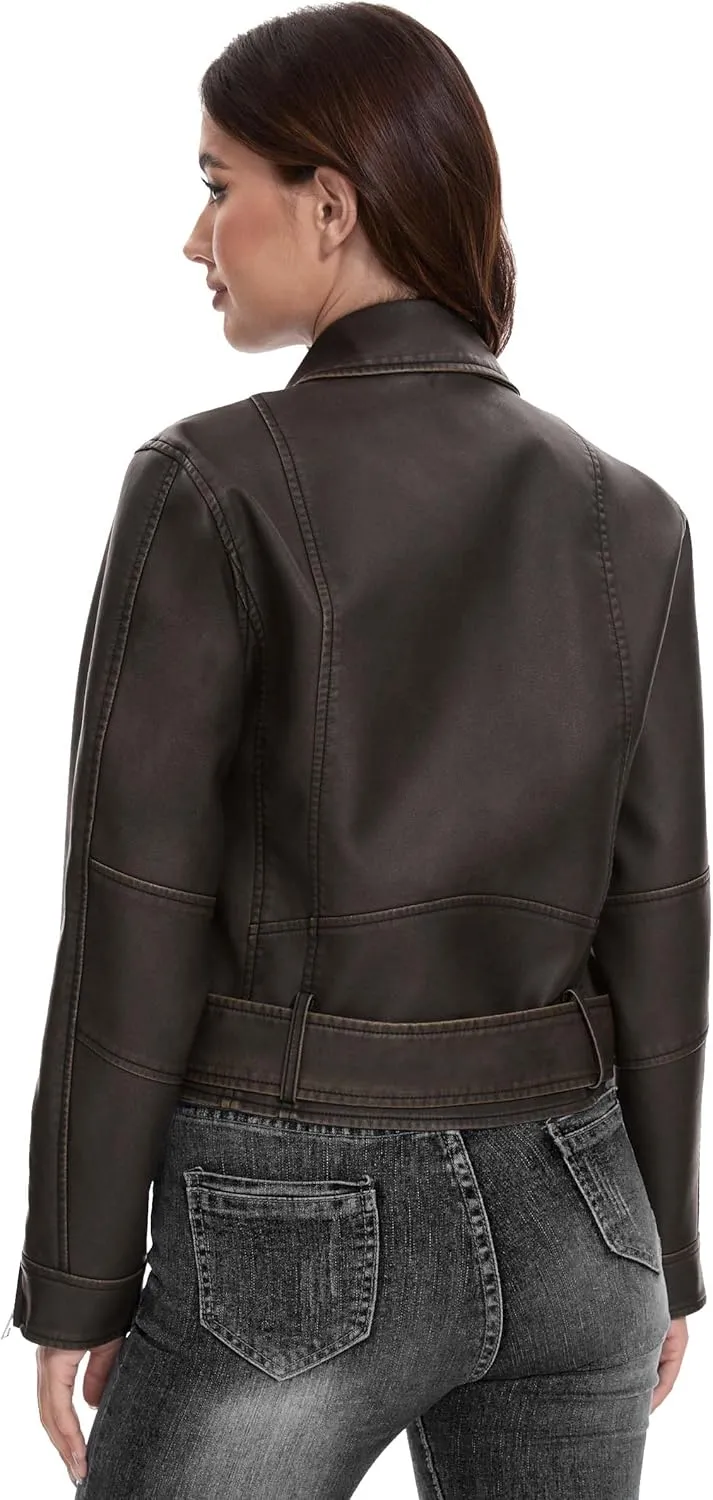 Fahsyee Faux Leather Jackets for Women, Black Motorcycle Moto Biker PU Outwear Coat