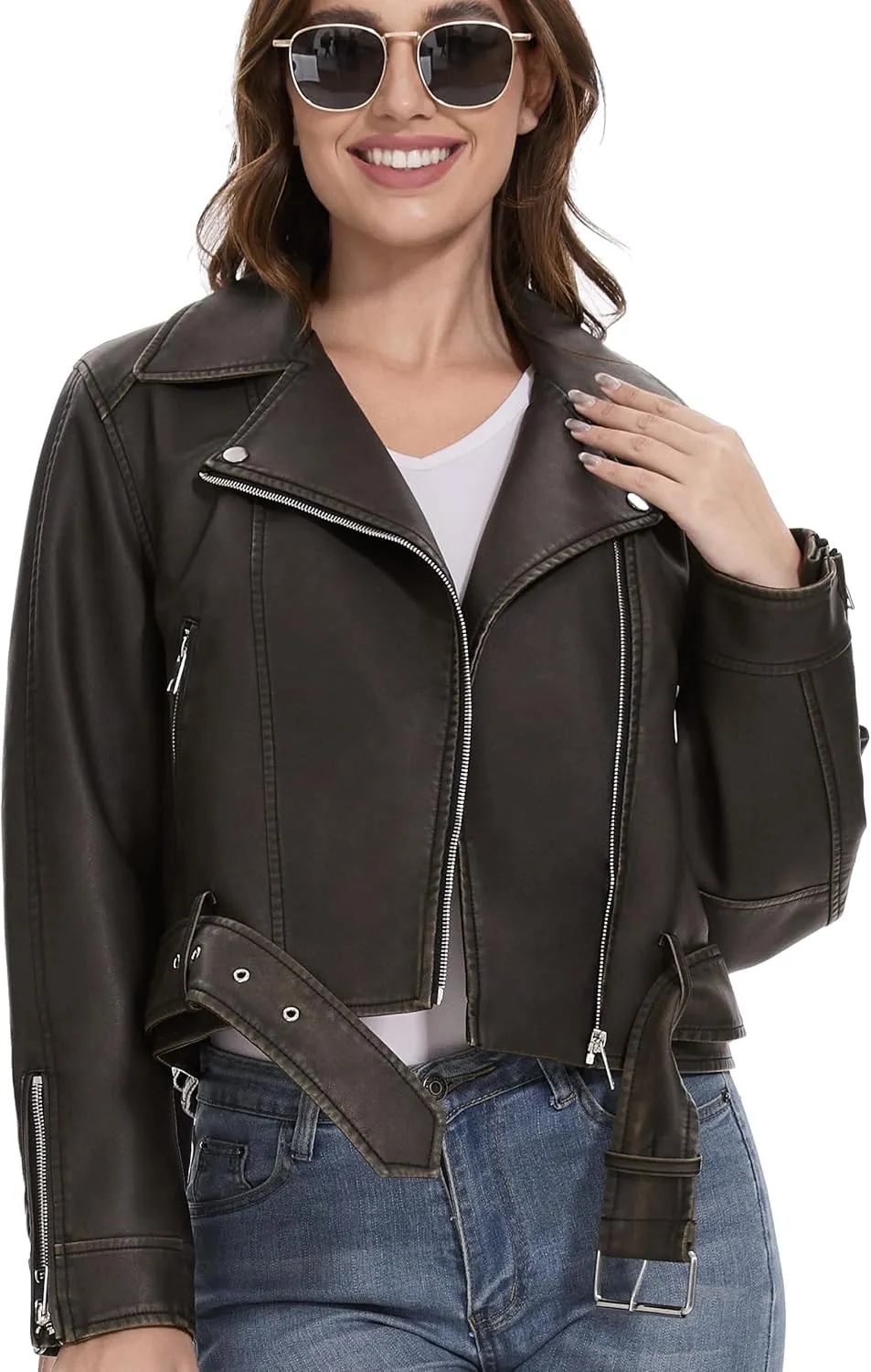 Fahsyee Faux Leather Jackets for Women, Black Motorcycle Moto Biker PU Outwear Coat