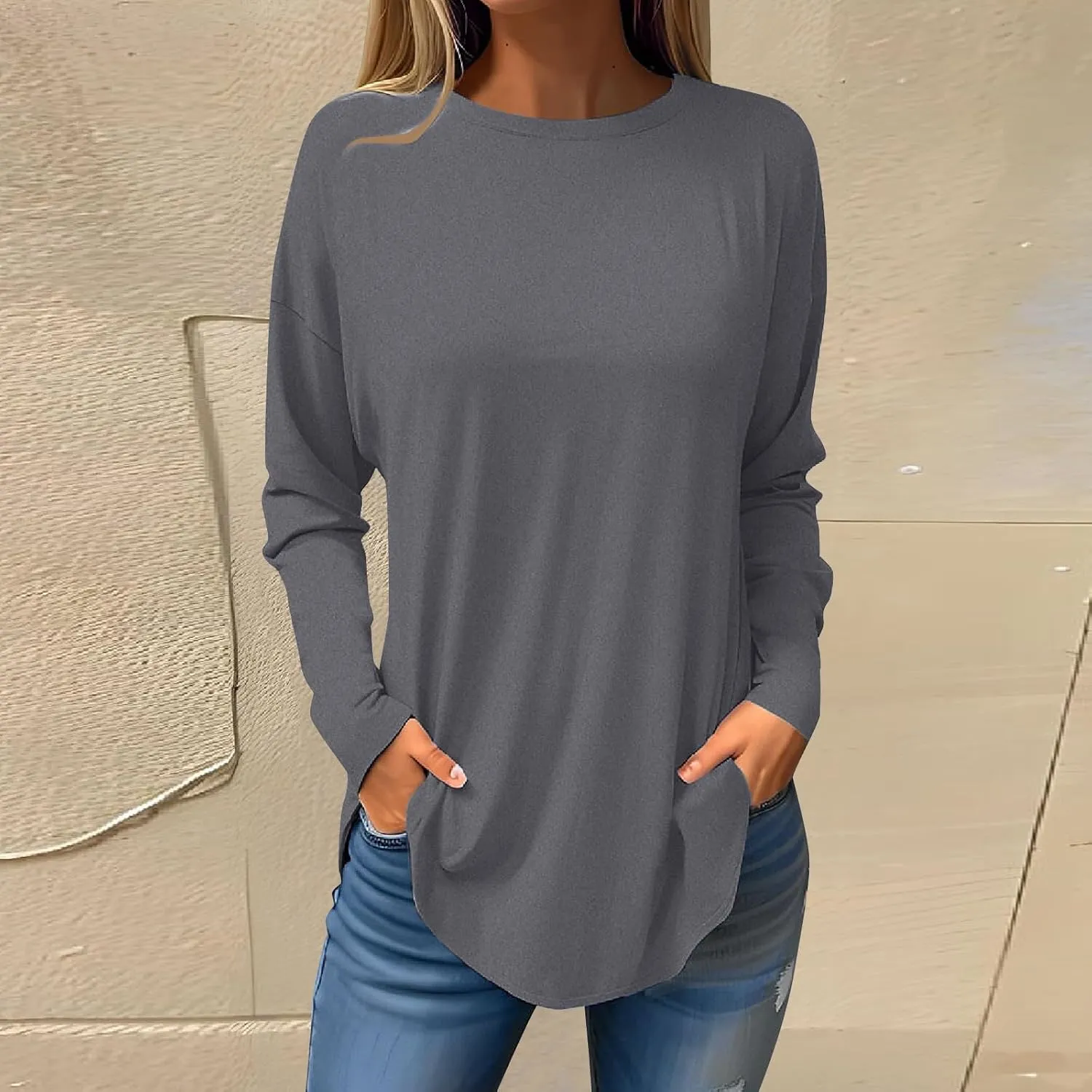 Fall Outfits for Women Solid Long Sleeve Outfits Round Neck Hide Belly Pullover Tops Casual Loose T Shirt