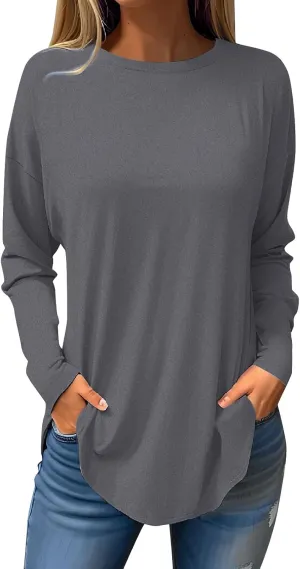 Fall Outfits for Women Solid Long Sleeve Outfits Round Neck Hide Belly Pullover Tops Casual Loose T Shirt