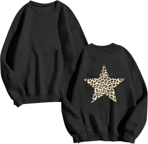 Fashion Women's Star Graphic Sweatshirts Oversized Leopard Printed Hoodies Y2k Going Out Hoodless Pullover Tops