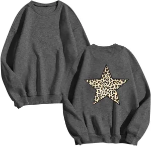 Fashion Women's Star Graphic Sweatshirts Oversized Leopard Printed Hoodies Y2k Going Out Hoodless Pullover Tops