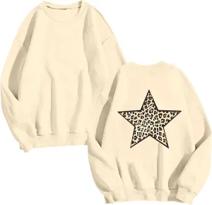 Fashion Women's Star Graphic Sweatshirts Oversized Leopard Printed Hoodies Y2k Going Out Hoodless Pullover Tops