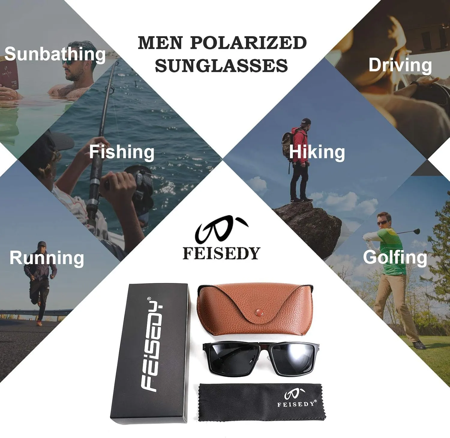 FEISEDY Polarized Sunglasses Rectangular Metal Ultra Lightweight Men's Sunglasses B2704