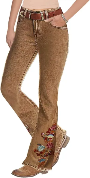 Flamingals Women's Floral Embroidery Mid Waist High Stretch Bootcut Jeans with Pockets
