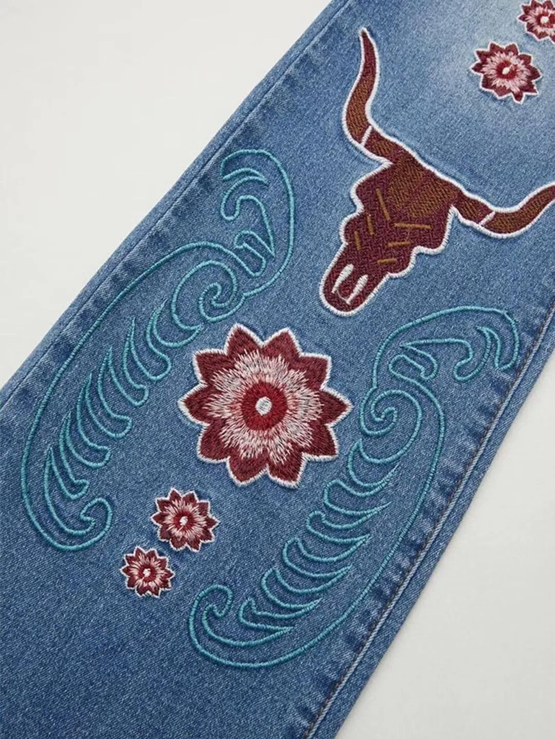 Flamingals Women's Floral Embroidery Mid Waist High Stretch Bootcut Jeans with Pockets