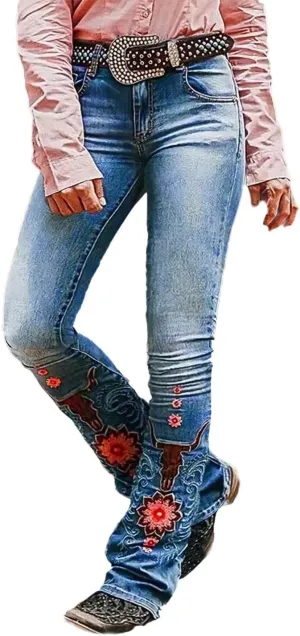 Flamingals Women's Floral Embroidery Mid Waist High Stretch Bootcut Jeans with Pockets