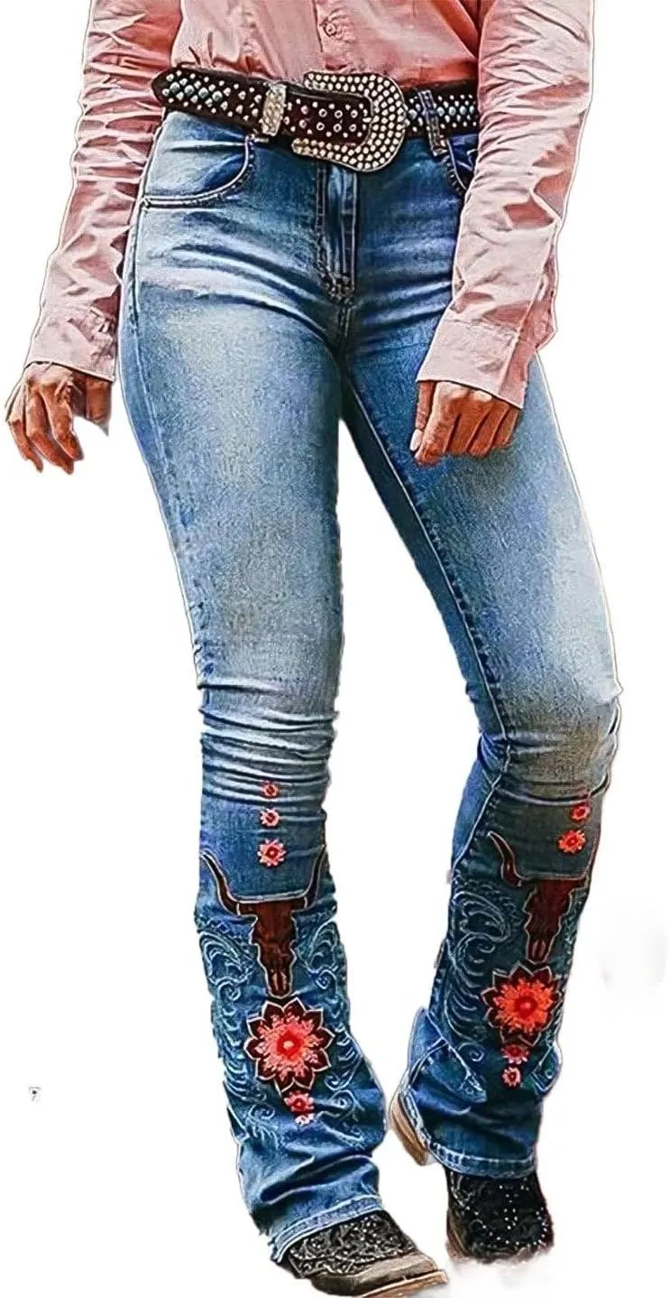 Flamingals Women's Floral Embroidery Mid Waist High Stretch Bootcut Jeans with Pockets