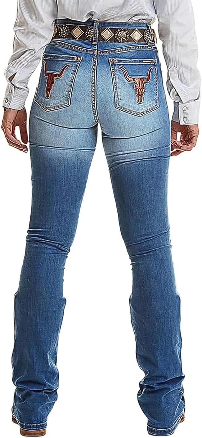 Flamingals Women's Floral Embroidery Mid Waist High Stretch Bootcut Jeans with Pockets