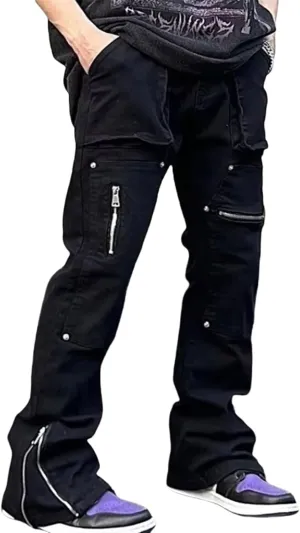Flare Pants Men Y2k Stacked Cargo Jeans Joggers Hip Hop Pants Slim Fit Flared Jeans Streetwear