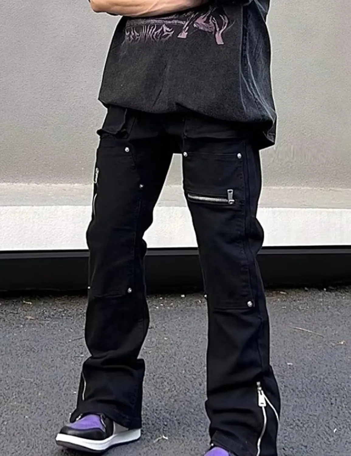 Flare Pants Men Y2k Stacked Cargo Jeans Joggers Hip Hop Pants Slim Fit Flared Jeans Streetwear