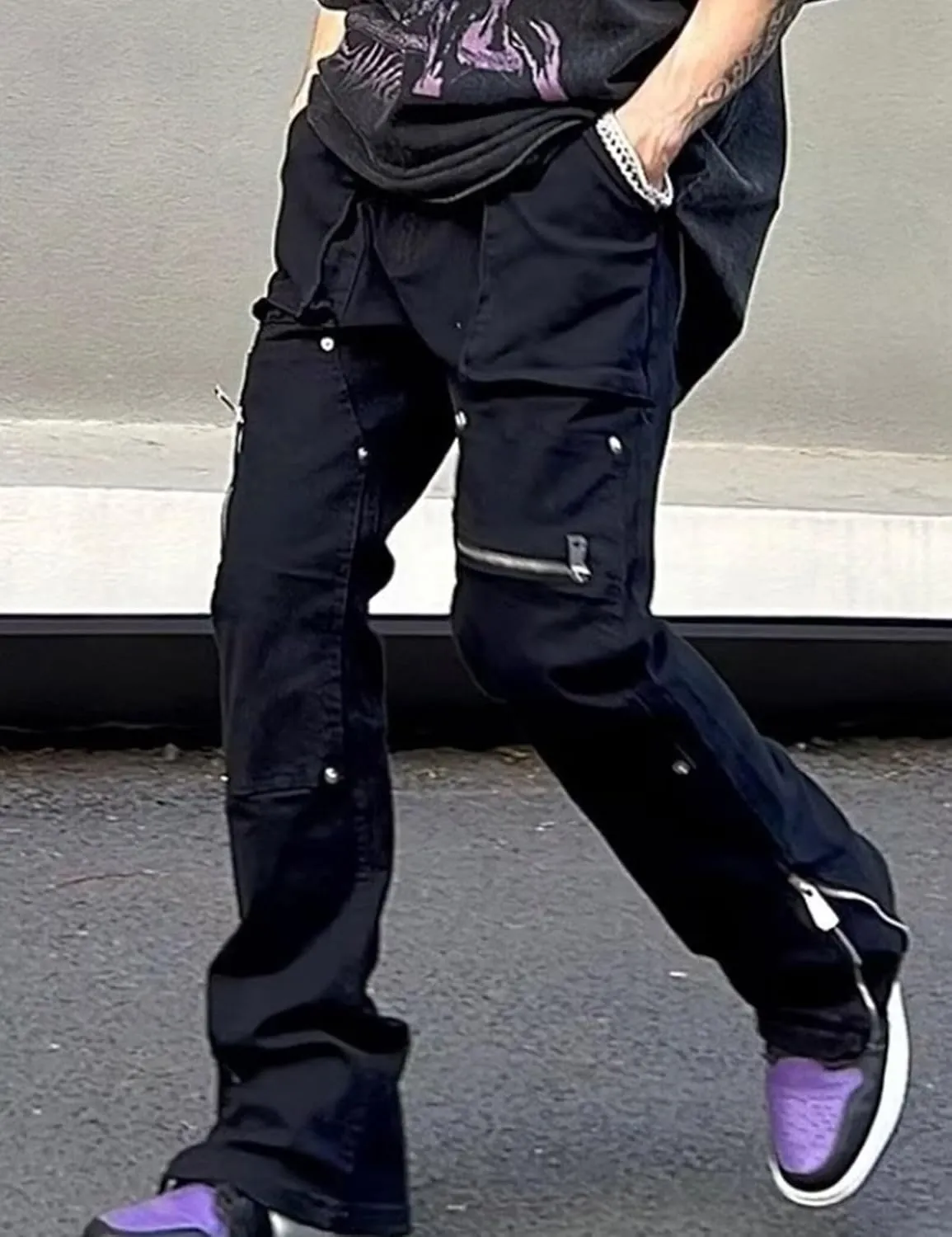 Flare Pants Men Y2k Stacked Cargo Jeans Joggers Hip Hop Pants Slim Fit Flared Jeans Streetwear