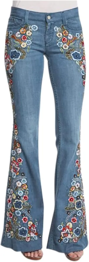 Flared Jeans for Women 70s High Waisted Jeans Lightweight Denim Embroidered Pants Bootcut Bell Bottom Jeans