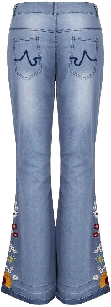 Flared Jeans for Women 70s High Waisted Jeans Lightweight Denim Embroidered Pants Bootcut Bell Bottom Jeans