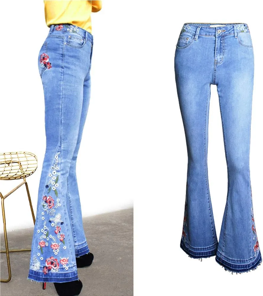 Flared Jeans for Women 70s High Waisted Jeans Lightweight Denim Embroidered Pants Bootcut Bell Bottom Jeans