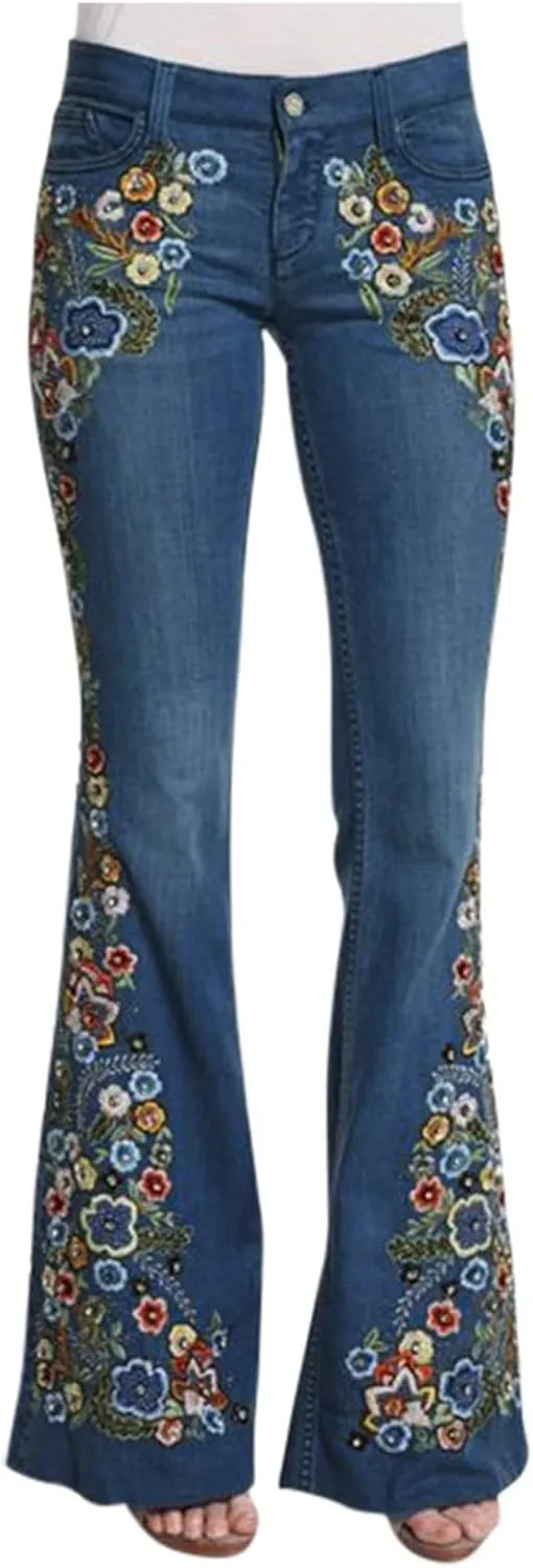 Flared Jeans for Women 70s High Waisted Jeans Lightweight Denim Embroidered Pants Bootcut Bell Bottom Jeans