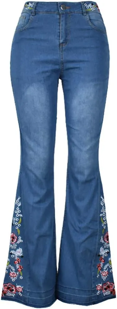 Flared Jeans for Women 70s High Waisted Jeans Lightweight Denim Embroidered Pants Bootcut Bell Bottom Jeans