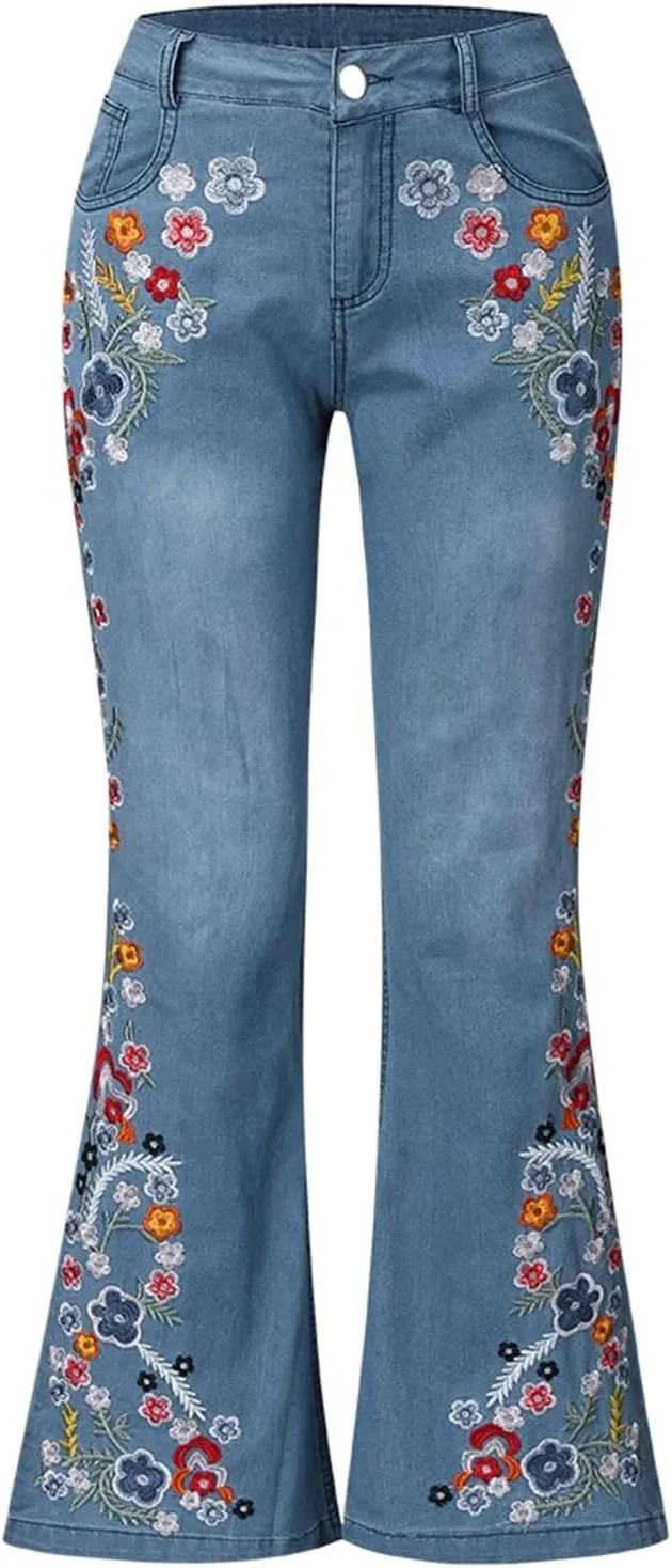 Flared Jeans for Women 70s High Waisted Jeans Lightweight Denim Embroidered Pants Bootcut Bell Bottom Jeans