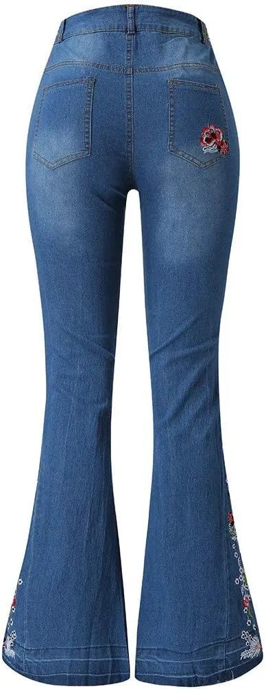 Flared Jeans for Women 70s High Waisted Jeans Lightweight Denim Embroidered Pants Bootcut Bell Bottom Jeans