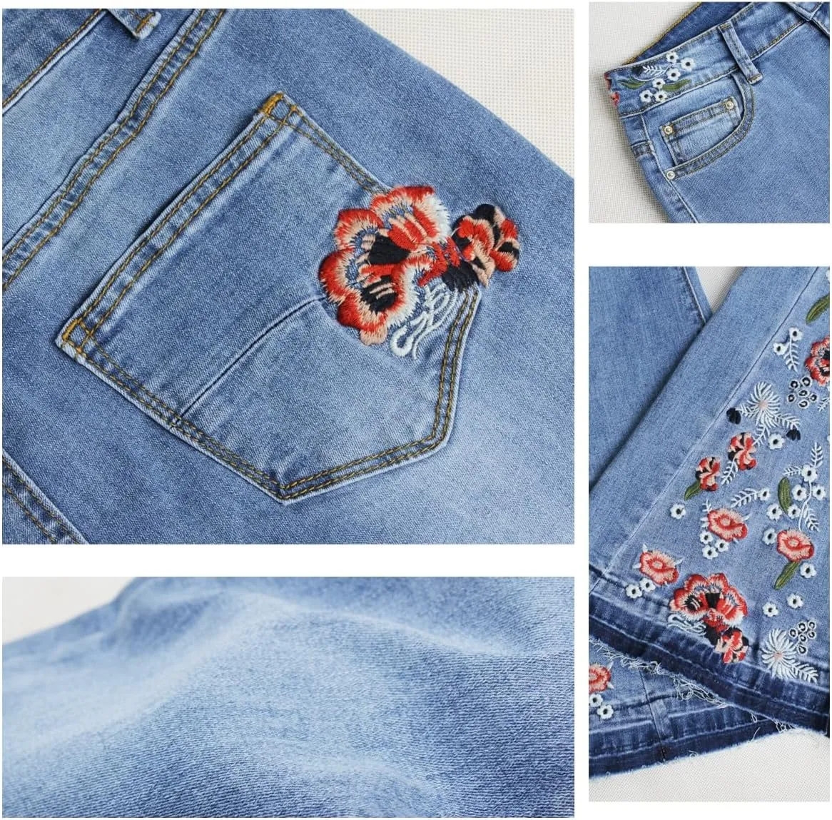 Flared Jeans for Women 70s High Waisted Jeans Lightweight Denim Embroidered Pants Bootcut Bell Bottom Jeans