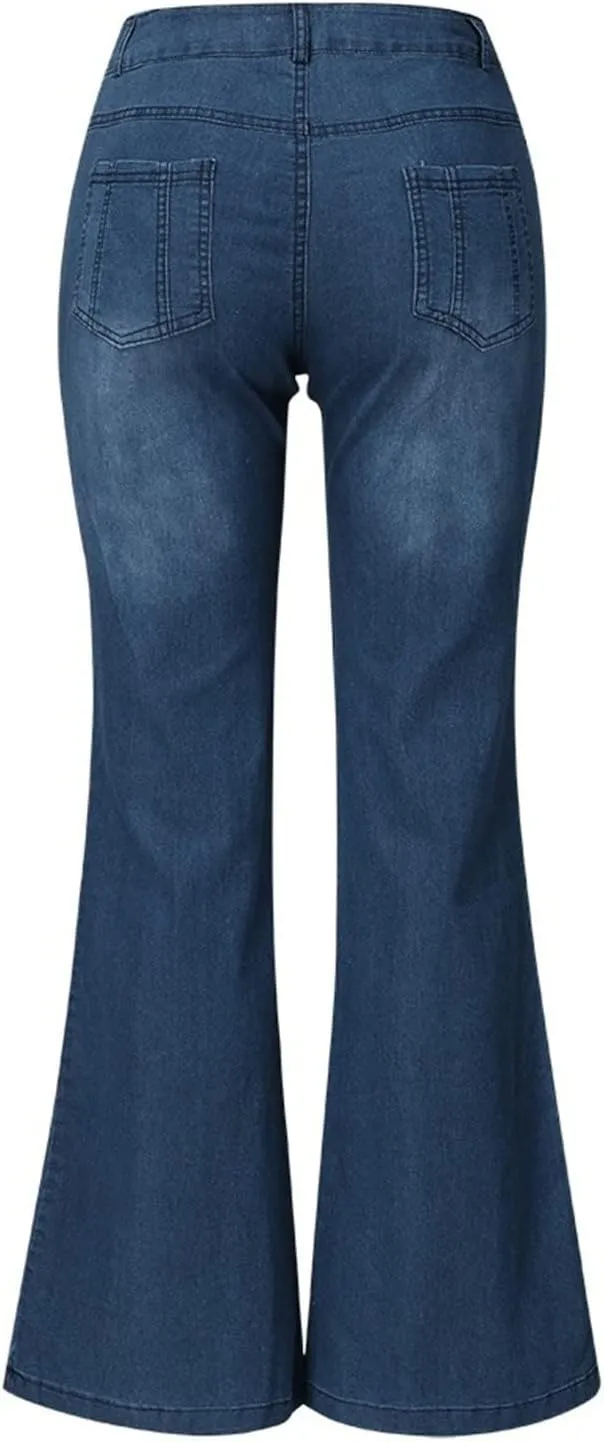 Flared Jeans for Women 70s High Waisted Jeans Lightweight Denim Embroidered Pants Bootcut Bell Bottom Jeans