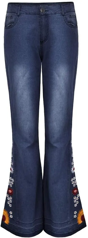 Flared Jeans for Women 70s High Waisted Jeans Lightweight Denim Embroidered Pants Bootcut Bell Bottom Jeans