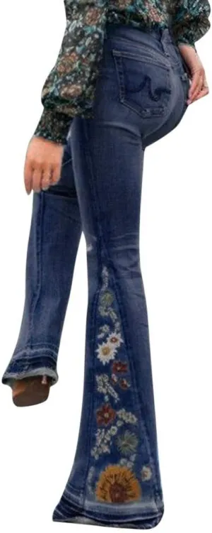 Flared Jeans for Women 70s High Waisted Jeans Lightweight Denim Embroidered Pants Bootcut Bell Bottom Jeans