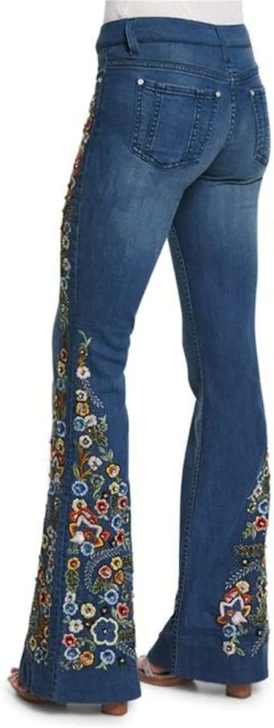 Flared Jeans for Women 70s High Waisted Jeans Lightweight Denim Embroidered Pants Bootcut Bell Bottom Jeans