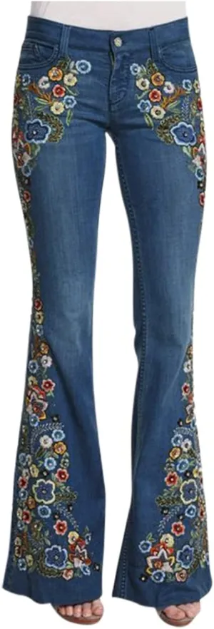 Flared Jeans for Women 70s High Waisted Jeans Lightweight Denim Embroidered Pants Bootcut Bell Bottom Jeans